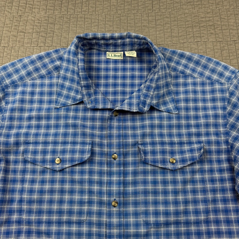 Vintage LL Bean Mens XL Blue Plaid Short Sleeve Button Up Shirt Outdoors Granola - Picture 2 of 8